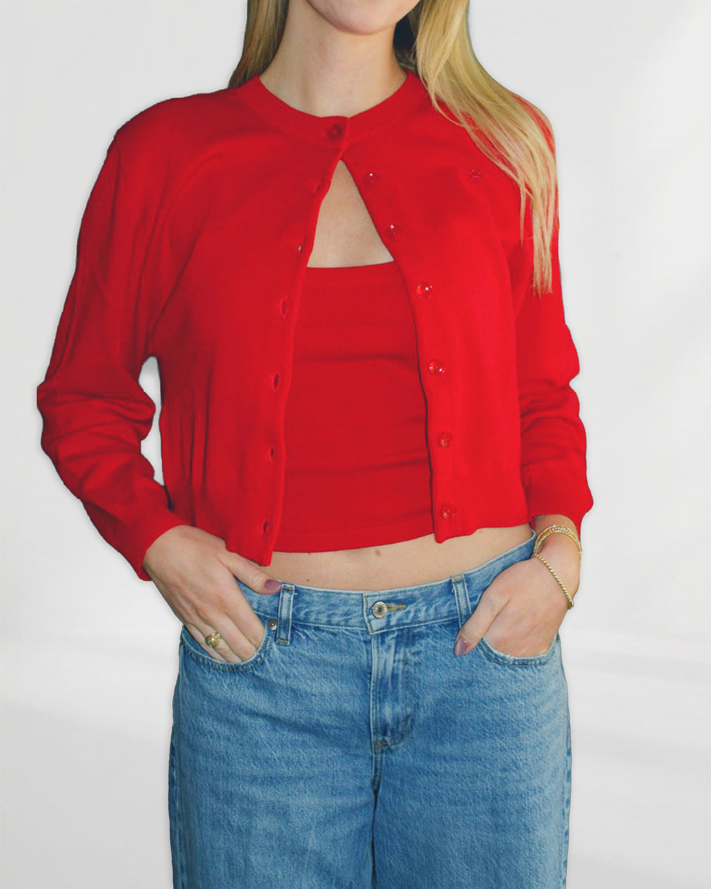 Woman Wearing a Red Cotton Cardigan Loungewear Sweater Set and Everyday Jeans