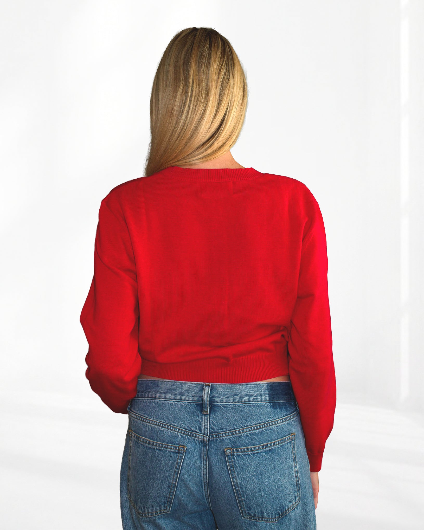 Woman Wearing a Red Cotton Cardigan Loungewear Sweater Set and Everyday Jeans